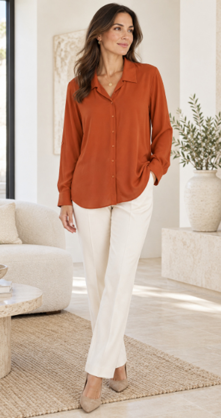 EILEEN FISHER Orange Silk Collar Button Up Shirt Tunic quiet luxury career large